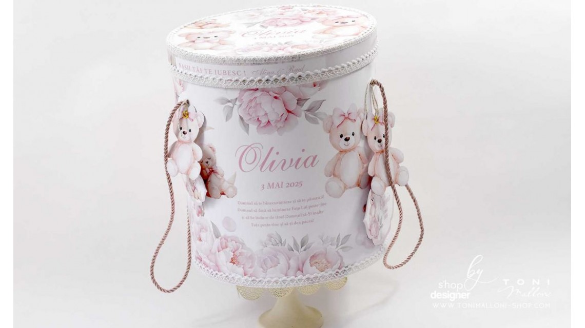 Trusou botez cu ursuleti si flori roz Teddy Bear Baby Girl 9